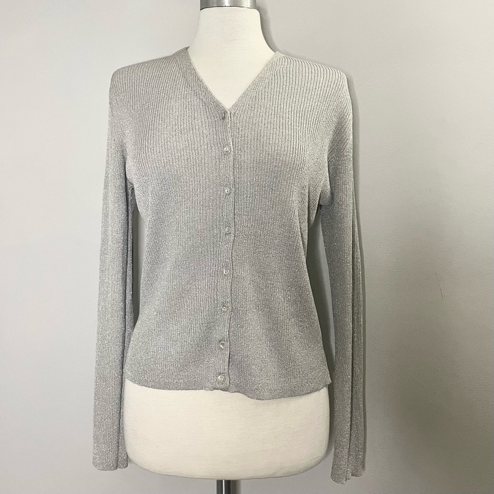 August Silk Knits Silk Blend Metallic Button Down Cardigan Sweater Silver Size L